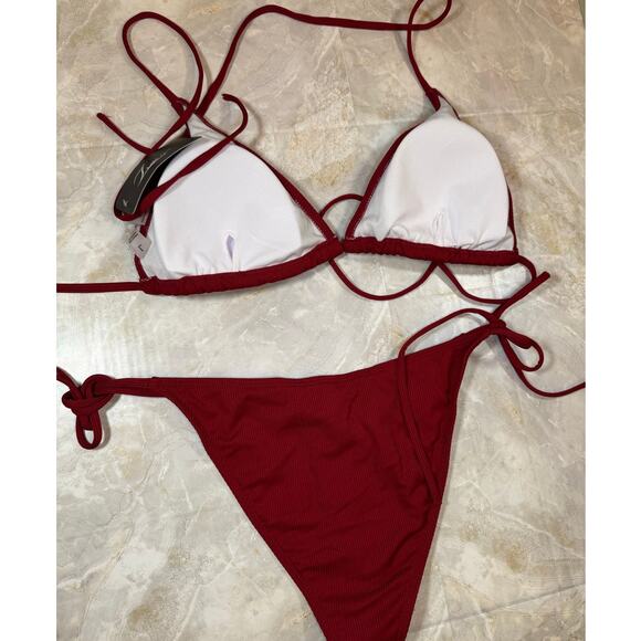 NWT Ribbed Triangle String Bikini Wine Colored Size Large - Picture 7 of 7